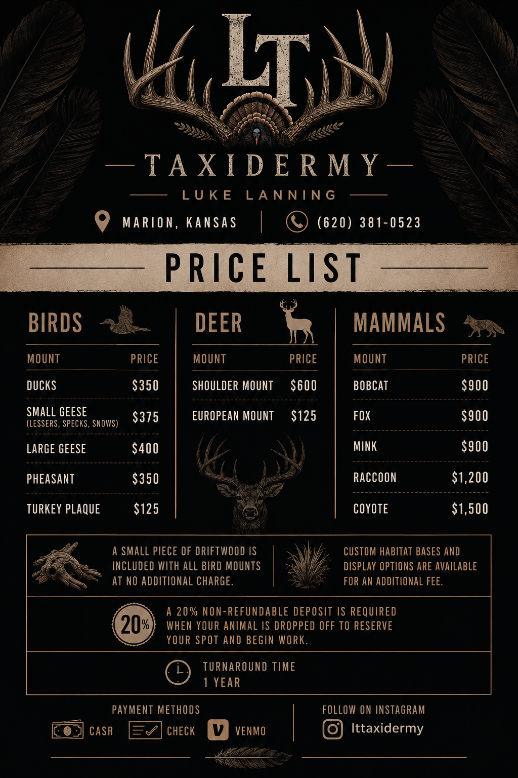 LT Taxidermy Price List
